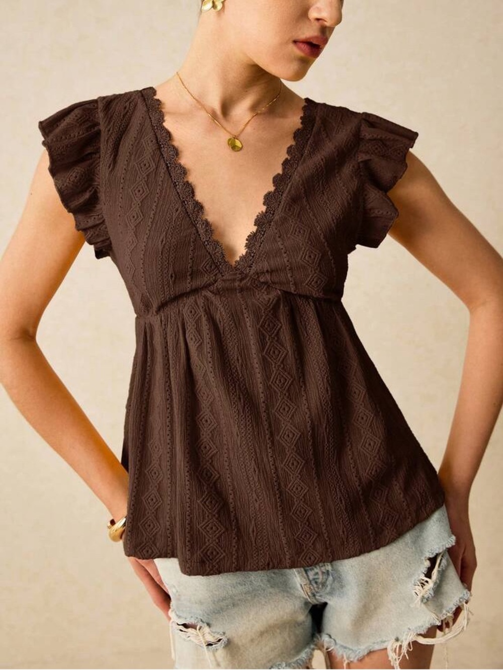🎁SHEIN Brown V-Neck Scalloped Flutter Sleeve Top